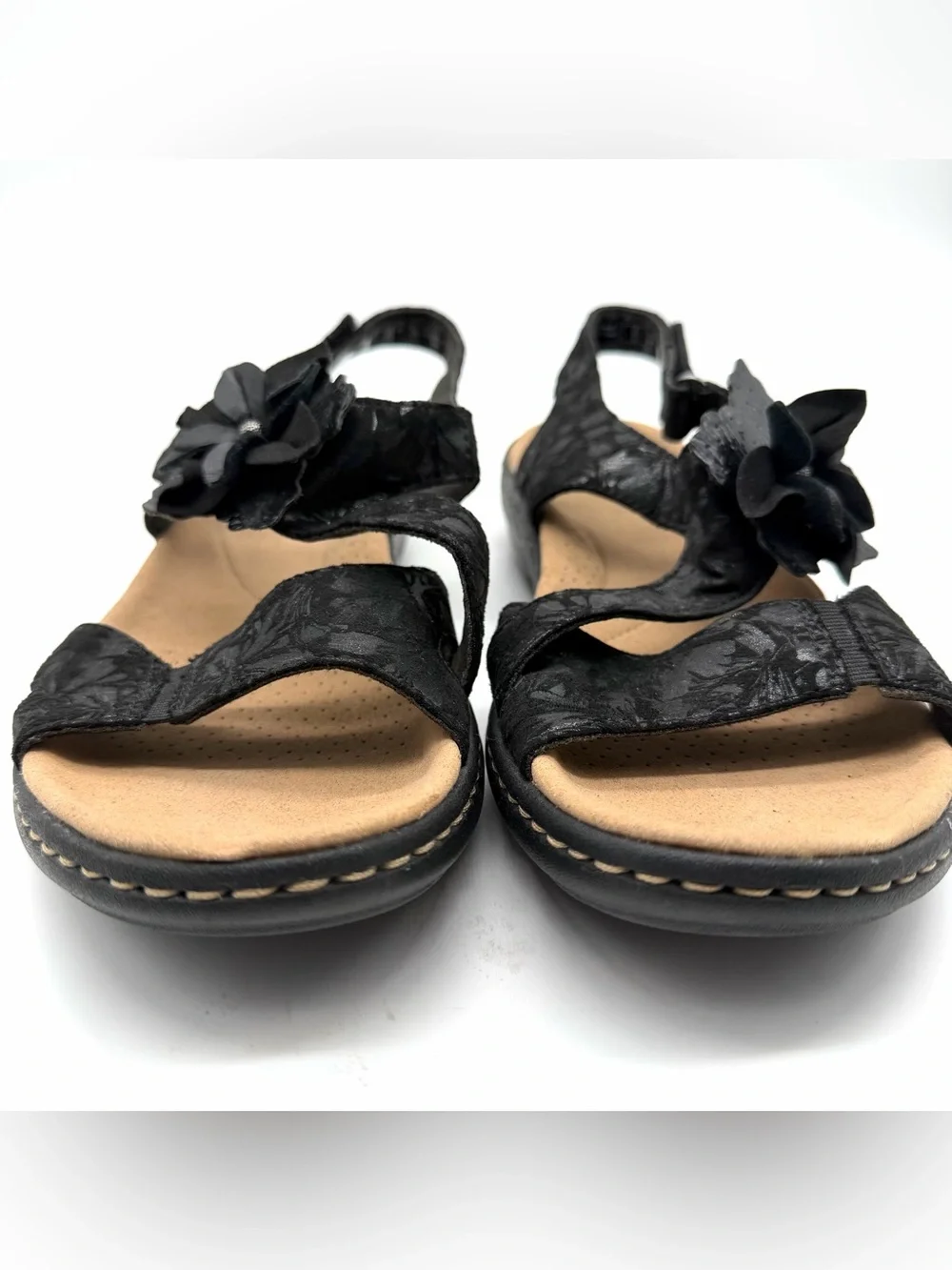 Clarks Laurieann Bea Black Leather Floral Slingback Comfort Sandal Women’s 8.5M